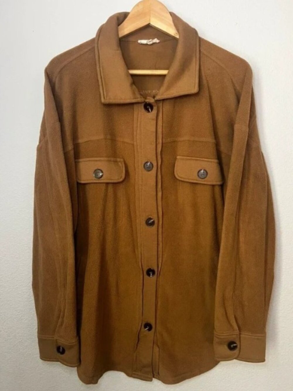 La Miel Women Shirt Jacket Button Up Shacket M Long Sleeves Fleece Pockets Brown